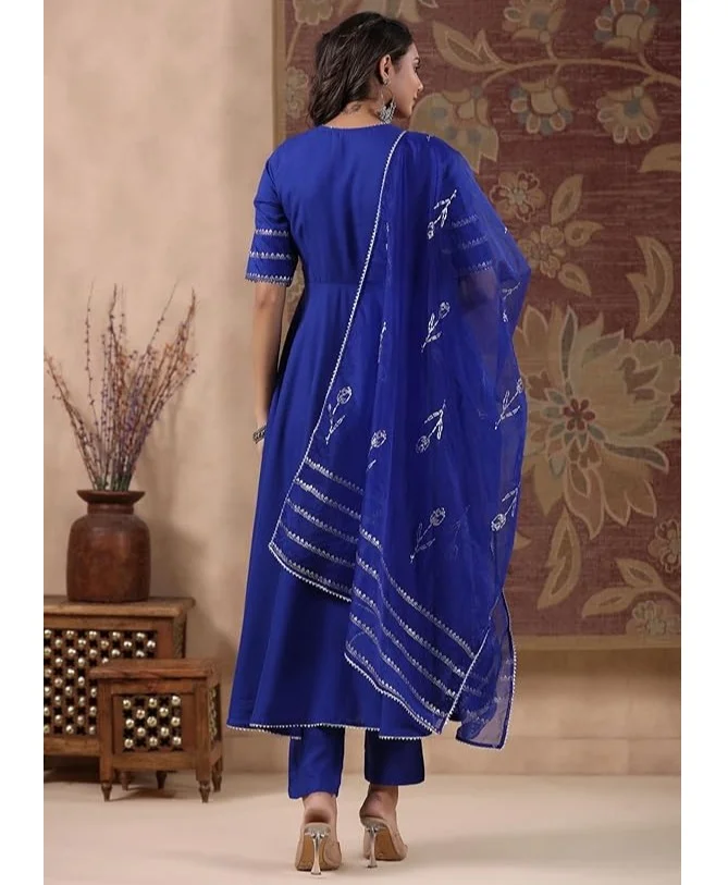 GoSriKi  GoSriKi Women's Rayon Blend Anarkali Solid Kurta with Pant & Dupatta (NIRMOOHA ROYAL BLUE-GS_L_Blue_Large) for Women | Best Price UAE