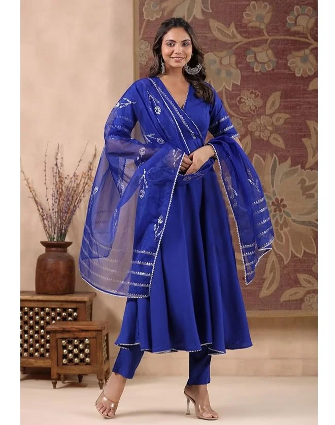 GoSriKi  GoSriKi Women's Rayon Blend Anarkali Solid Kurta with Pant & Dupatta (NIRMOOHA ROYAL BLUE-GS_L_Blue_Large) for Women | Best Price UAE