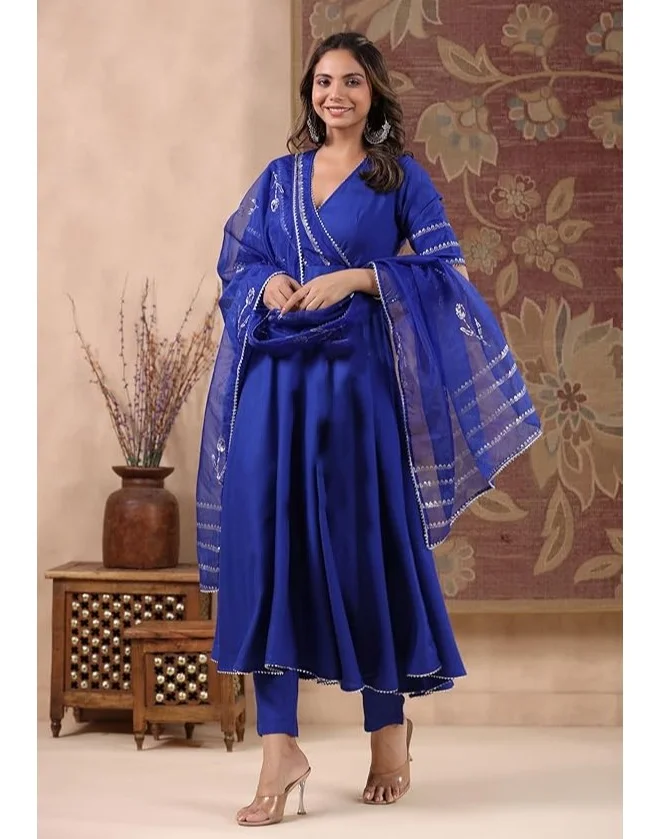 GoSriKi  GoSriKi Women's Rayon Blend Anarkali Solid Kurta with Pant & Dupatta (NIRMOOHA ROYAL BLUE-GS_L_Blue_Large) for Women | Best Price UAE