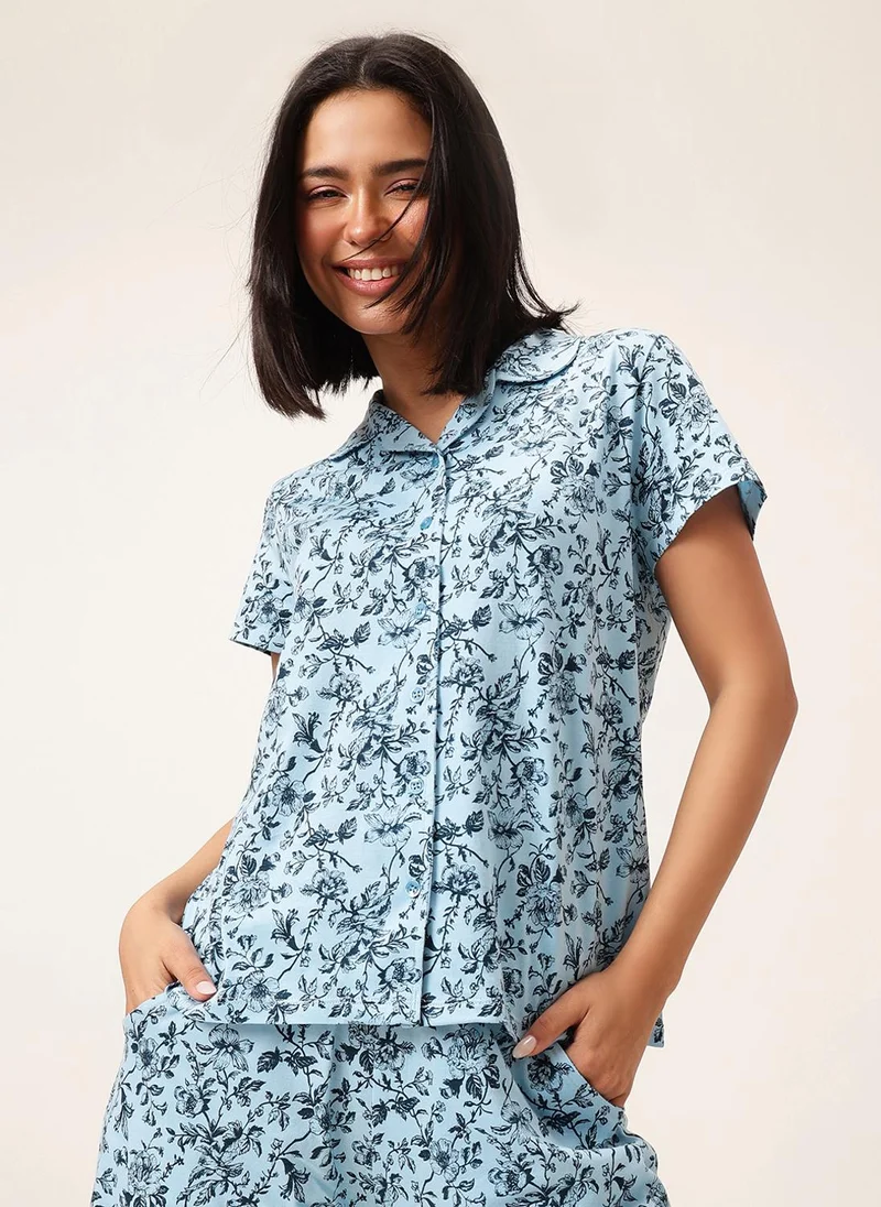 Clovia Clovia Printed Button-down Shirt & Pyjama Set in Sky Blue - 100% Cotton