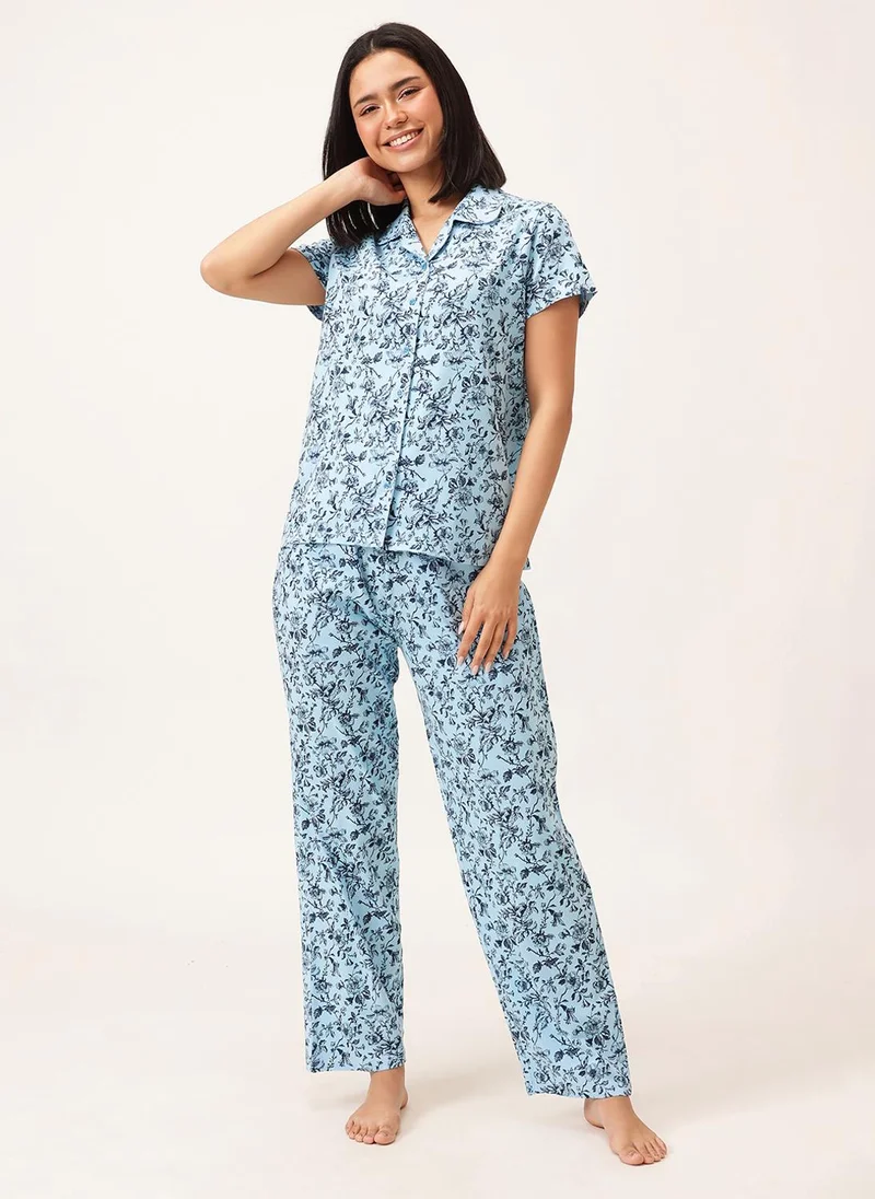 Clovia Clovia Printed Button-down Shirt & Pyjama Set in Sky Blue - 100% Cotton