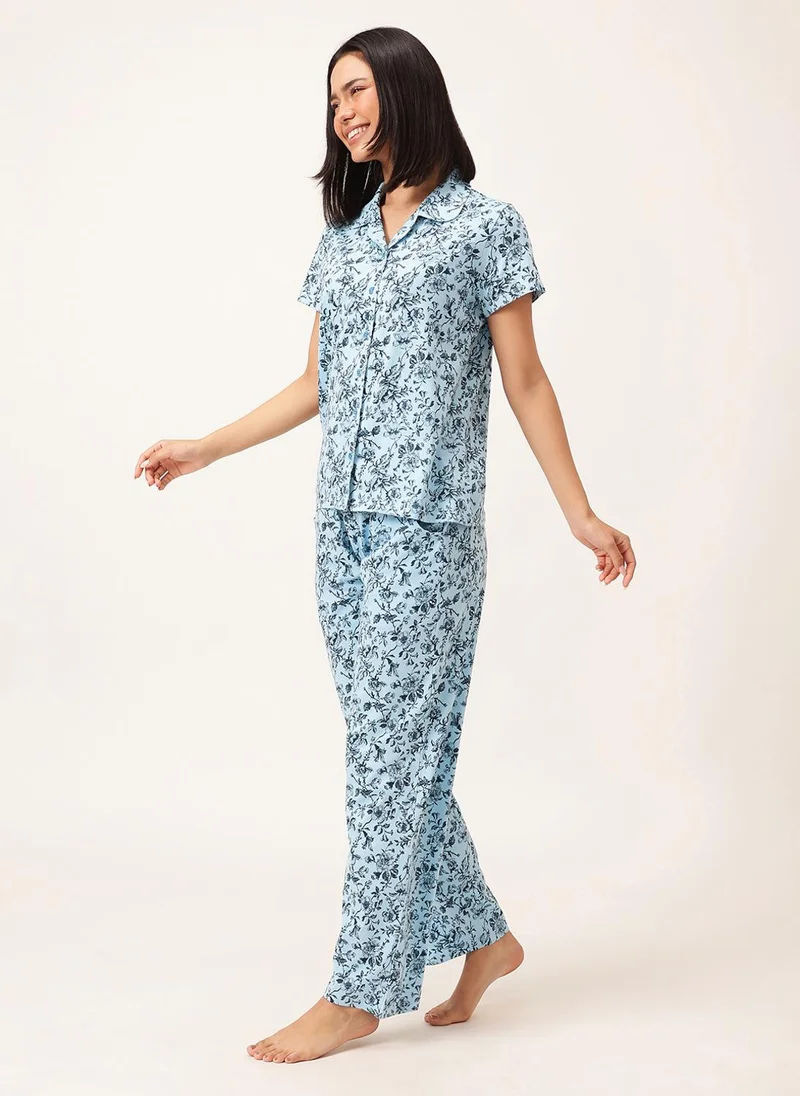Clovia Clovia Printed Button-down Shirt & Pyjama Set in Sky Blue - 100% Cotton