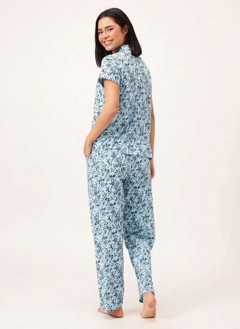 Clovia Clovia Printed Button-down Shirt & Pyjama Set in Sky Blue - 100% Cotton
