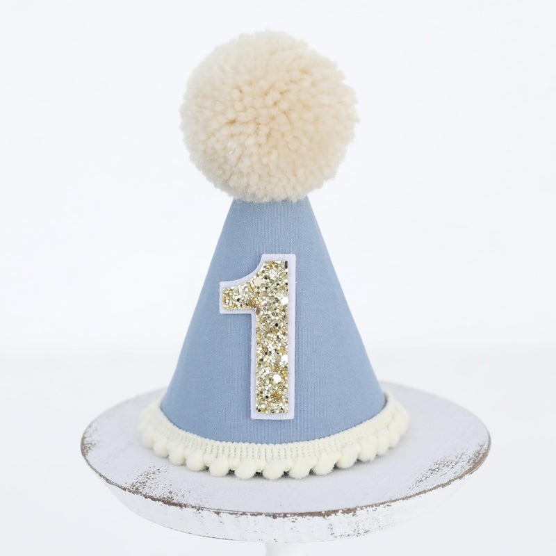 Ereniko Grey Blue Party Hat First Birthday Hat 1 Boy 1st Baby Birthday Hat One Year Old Baby Party Hat Photoshoot Props Photo Props Felt Cake Smash Light Blue - Image 1
