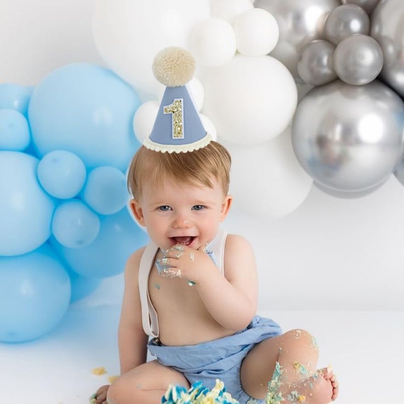 Ereniko Grey Blue Party Hat First Birthday Hat 1 Boy 1st Baby Birthday Hat One Year Old Baby Party Hat Photoshoot Props Photo Props Felt Cake Smash Light Blue - Image 2