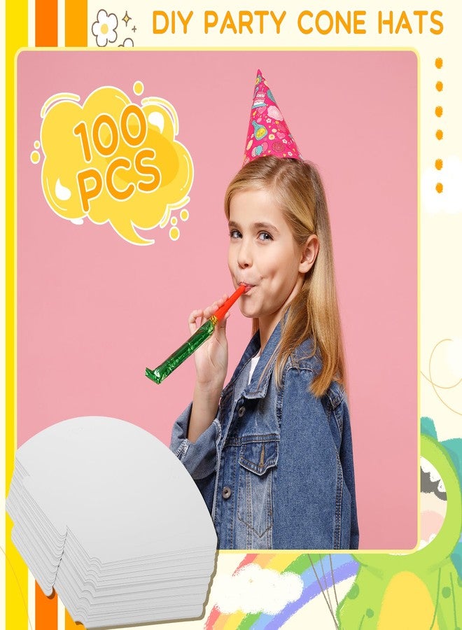 Qilery 100 Pcs White Party Cone Hats DIY Fun Birthday Hat with Rope April Fool's Day Ice Cream Paper Cones Hat Bulk for Kids Adults Art Painting Craft Party Supplies Decoration - Image 2