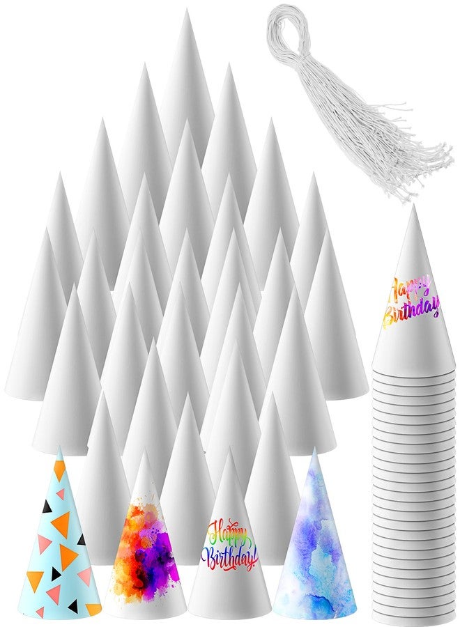 Qilery 100 Pcs White Party Cone Hats DIY Fun Birthday Hat with Rope April Fool's Day Ice Cream Paper Cones Hat Bulk for Kids Adults Art Painting Craft Party Supplies Decoration - Image 1