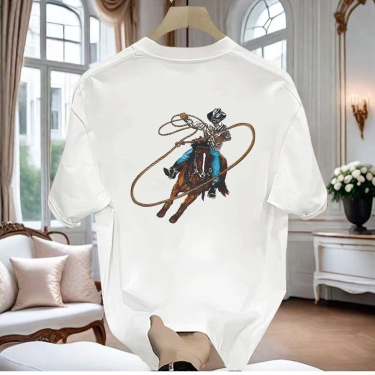 2025 Arrival All-Match Loose Round Neck Pure Cotton Fashion Horse Riding Letter Pullover Short-Sleeved T-Shirt For Men And Women - Image 2