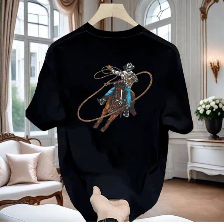2025 Arrival All-Match Loose Round Neck Pure Cotton Fashion Horse Riding Letter Pullover Short-Sleeved T-Shirt For Men And Women - Image 3