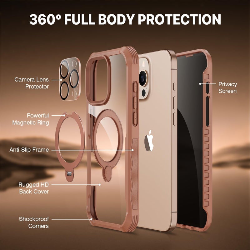CENHUFO Compatible with iPhone 16 Pro Max Case Built-in Privacy Screen Protector with Camera Lens Protector, Clear Back Cover with 360° Spin Magnetic Stand for iPhone 16 Pro Max Privacy Case -Brown Repeated use friendly design - Image 3