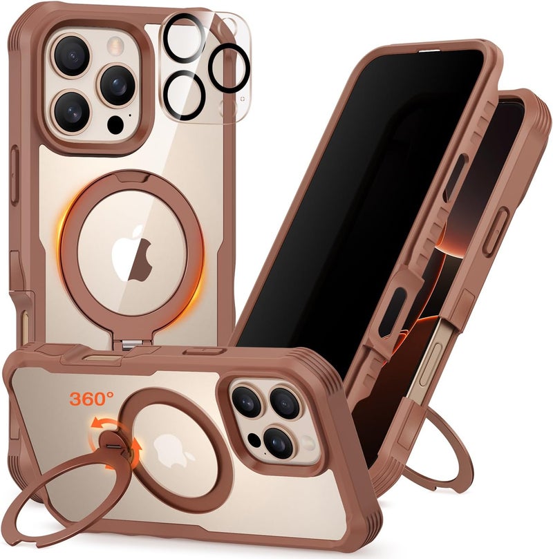 CENHUFO Compatible with iPhone 16 Pro Max Case Built-in Privacy Screen Protector with Camera Lens Protector, Clear Back Cover with 360° Spin Magnetic Stand for iPhone 16 Pro Max Privacy Case -Brown Repeated use friendly design - Image 1