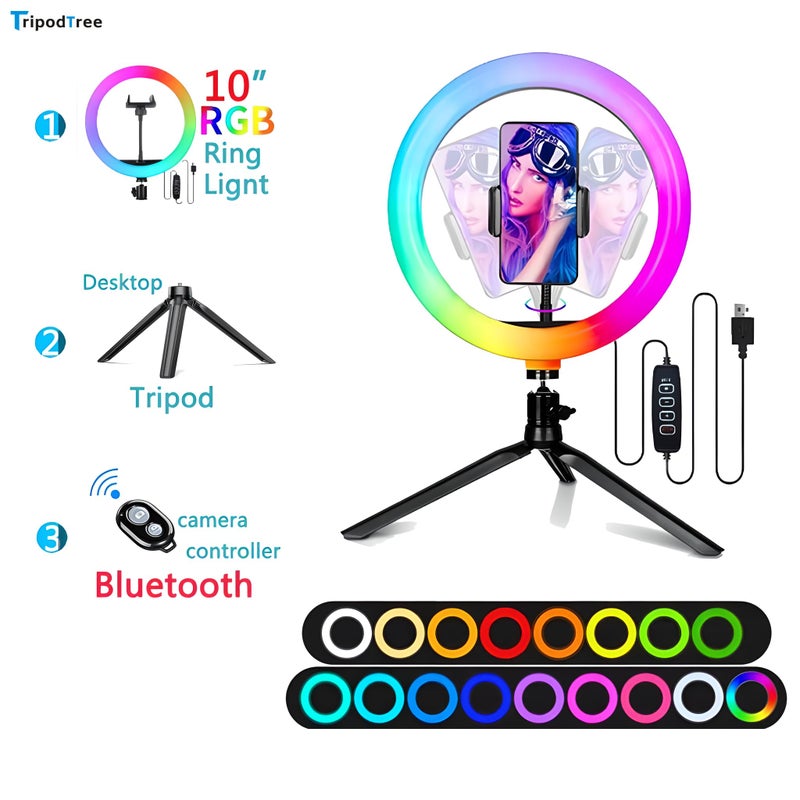 TRIPODTREE 10" Selfie Ring Light with 4" Desktop Tripod Stand & 1 Phone Holder, LED Ringlight with Dimmable Modes(RGB) for Makeup/Photography/Videos/Vlog/TikTok (STDLR10-V2) - Image 2