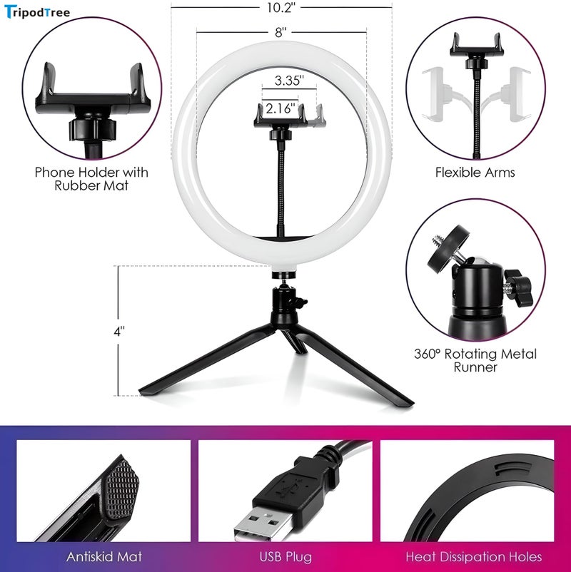 TRIPODTREE 10" Selfie Ring Light with 4" Desktop Tripod Stand & 1 Phone Holder, LED Ringlight with Dimmable Modes(RGB) for Makeup/Photography/Videos/Vlog/TikTok (STDLR10-V2) - Image 3