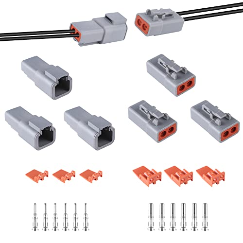 MUYI 3 Kits 2 Pin Way DTP Series Connector 14-12 AWG Waterproof Electrical Plugs IP65 Waterproof Heavy Duty Sockets Size 12 Terminal Pins Current Rating 25 Amps (DTP-2 PIN) - Image 1