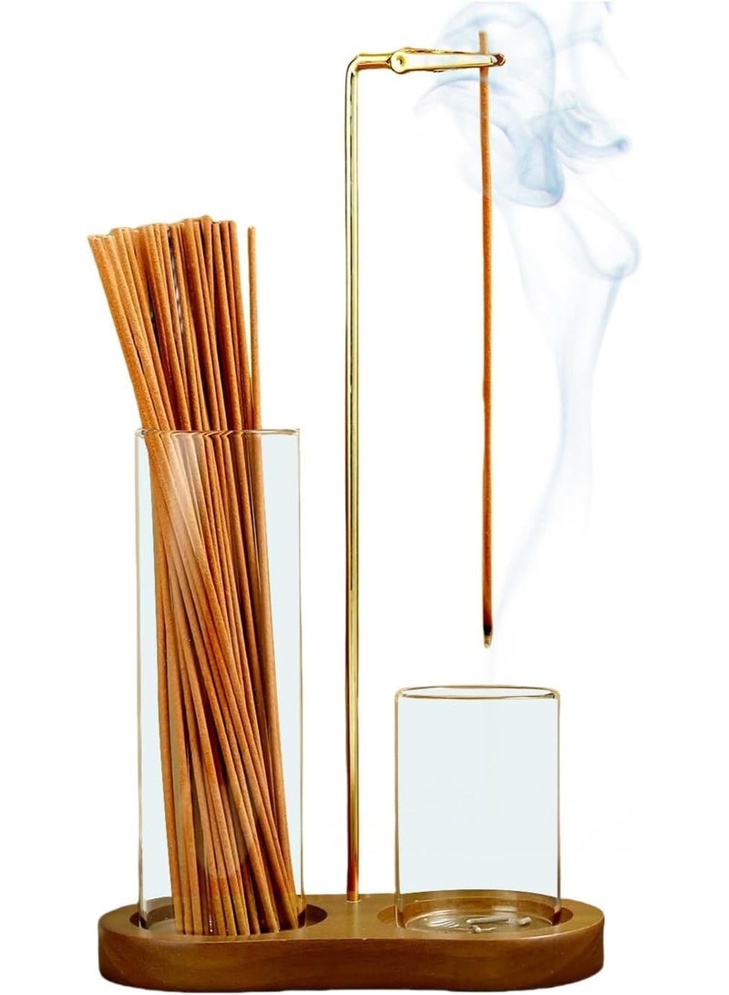 2-in-1 Incense Holder Set with Glass Cups, Wooden Base, Metal Clip Stand for Meditation, Yoga, Home Decor, Dark Wood - Image 1