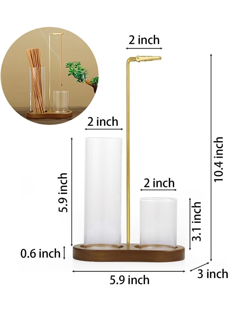 2-in-1 Incense Holder Set with Glass Cups, Wooden Base, Metal Clip Stand for Meditation, Yoga, Home Decor, Dark Wood - Image 3