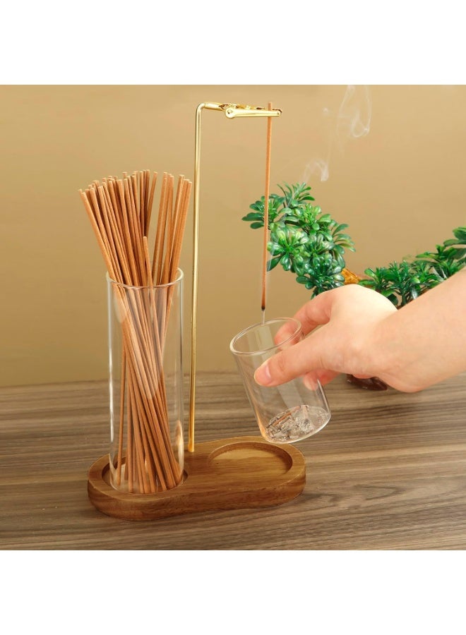 2-in-1 Incense Holder Set with Glass Cups, Wooden Base, Metal Clip Stand for Meditation, Yoga, Home Decor, Dark Wood - Image 5