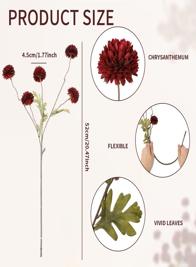 DuHouse 6pcs Artificial Flowers Faux Silk Pompon Mum,Silk Small Mini Chrysanthemum Ball with Stems for DIY Bouquets Centerpieces Vase Home Table Kitchen Decorations(Burgundy) - Image 2