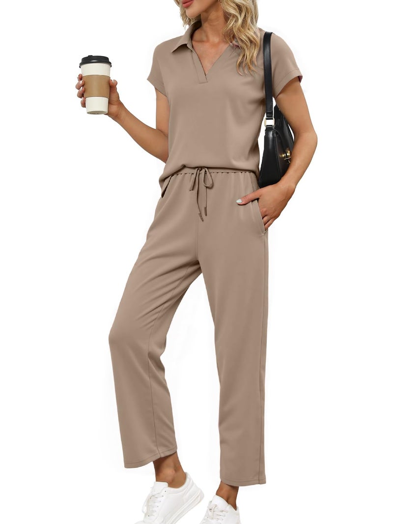 Glamaker Women 2 Piece Loung Set Summer Polo V Neck Top Pant Two Piece Sweatsuit Casual Sweat Suit Loose Matching Outfit(Coffee Grey,Small) - Image 1