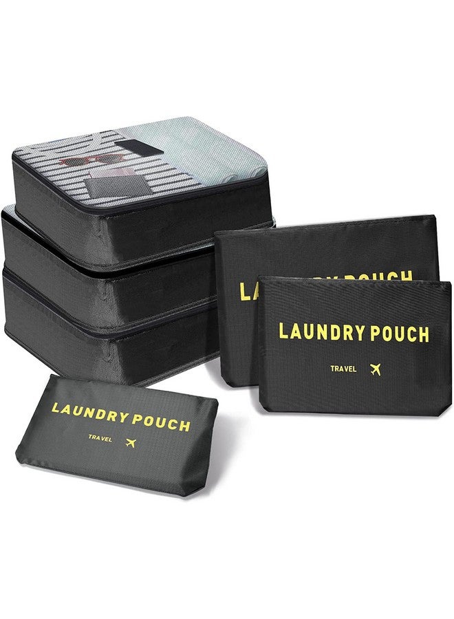 House of Quirk Travel Storage Printed Clothes Packing Cubes Space Savers Bags Cosmetics/Underwear/Socks/Shoes Organizer Pouch (Pack of 6 Black) Polyester - Image 1