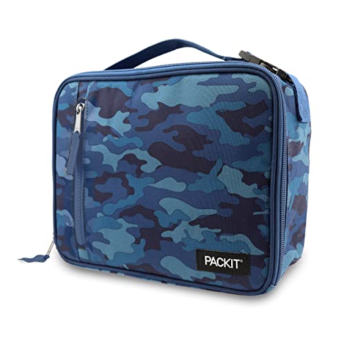PACKIT صندوق الغداء الكلاسيكي القابل للتجميد من PackIt، تمويه أزرق، مزود بتقنية ECOFREEZE، قابل للطي، قابل لإعادة الاستخدام، إغلاق بسحاب مع جيب أمامي بسحاب ومقبض بكلة، مصمم للغداء - Image 2