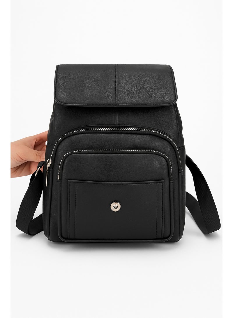 Women’s Black Leather Backpack for Daily Use – Multi-Pocket Design - Image 1