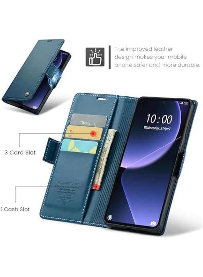 Premium Leather Wallet Case for Xiaomi 13T\/13T Pro - RFID Blocking, Magnetic Flip, Kickstand - Blue - Image 3