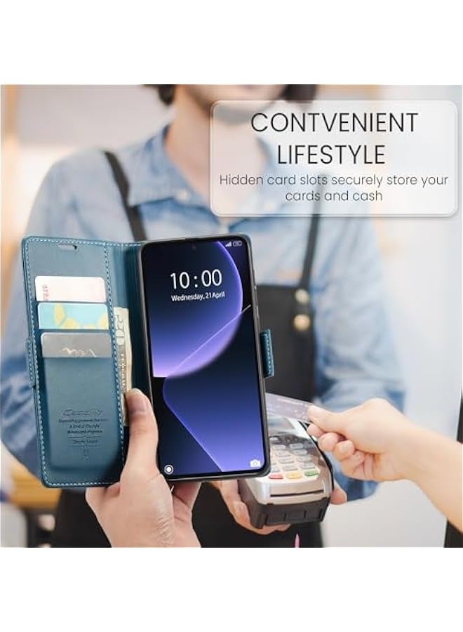 Premium Leather Wallet Case for Xiaomi 13T\/13T Pro - RFID Blocking, Magnetic Flip, Kickstand - Blue - Image 5