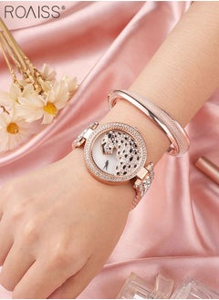 roaiss Women's Alloy Strap Bracelet Watch Analog Display Round Dial Quartz Watch with Leopard Head Pattern Decorated with Rhinestones 2 Pieces Luxurious Watch Set as Gift for Women, Rose Gold  - Image 2