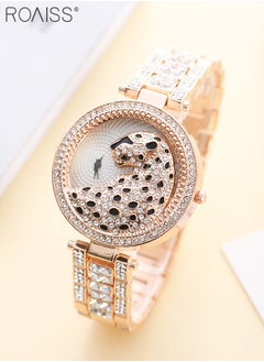 roaiss Women's Alloy Strap Bracelet Watch Analog Display Round Dial Quartz Watch with Leopard Head Pattern Decorated with Rhinestones 2 Pieces Luxurious Watch Set as Gift for Women, Rose Gold  - Image 3
