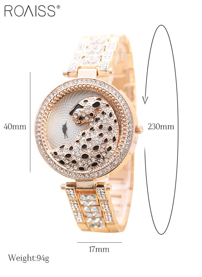 roaiss Women's Alloy Strap Bracelet Watch Analog Display Round Dial Quartz Watch with Leopard Head Pattern Decorated with Rhinestones 2 Pieces Luxurious Watch Set as Gift for Women, Rose Gold  - Image 5