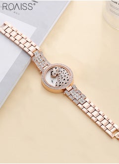 roaiss Women's Alloy Strap Bracelet Watch Analog Display Round Dial Quartz Watch with Leopard Head Pattern Decorated with Rhinestones 2 Pieces Luxurious Watch Set as Gift for Women, Rose Gold  - Image 4