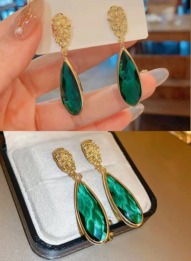 Women's Gold Plated Long Earrings with Emerald Green Teardrop, Vintage Ethnic Statement Earrings for Ladies - Image 1