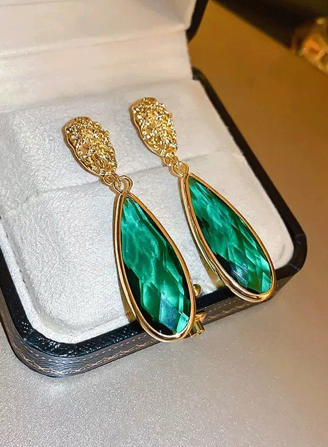 Women's Gold Plated Long Earrings with Emerald Green Teardrop, Vintage Ethnic Statement Earrings for Ladies - Image 2