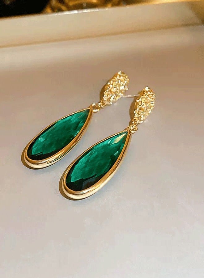 Women's Gold Plated Long Earrings with Emerald Green Teardrop, Vintage Ethnic Statement Earrings for Ladies - Image 3