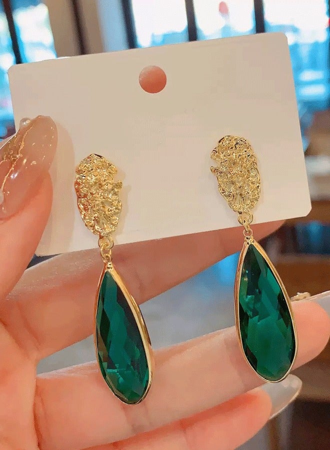Women's Gold Plated Long Earrings with Emerald Green Teardrop, Vintage Ethnic Statement Earrings for Ladies - Image 4