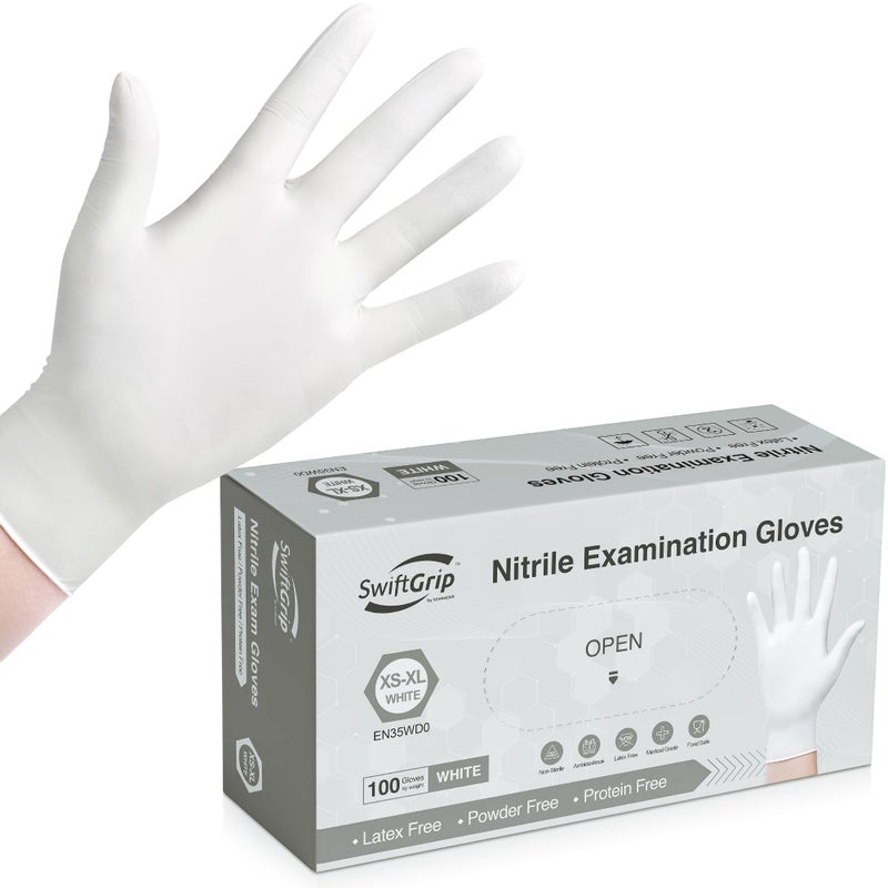 SwiftGrip Disposable Nitrile Exam Gloves, 3-mil, Small, Box of 100, White Nitrile Gloves Disposable Latex Free for Medical, Cleaning, Cooking & Esthetician, Food-Safe, Powder-Free, Non-Sterile - Image 1