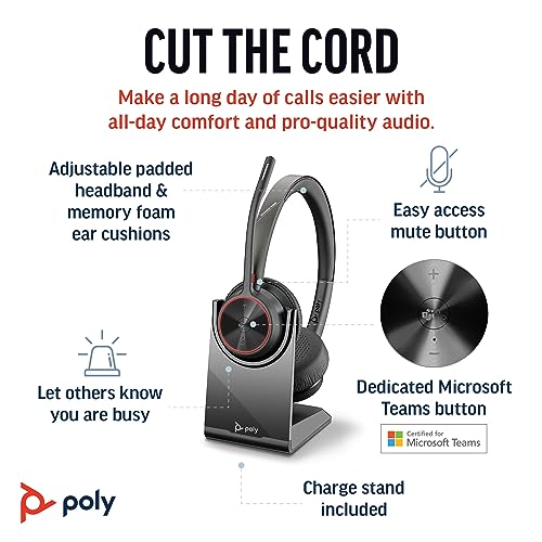 Poly Voyager 4320 UC Wireless Headset & Charge Stand - Noise-Canceling Wireless Headphones with Mic - Connect to PC via USB-C to USB-A Adapter, Cell Phone via Bluetooth, Microsoft Teams Certified - Image 2