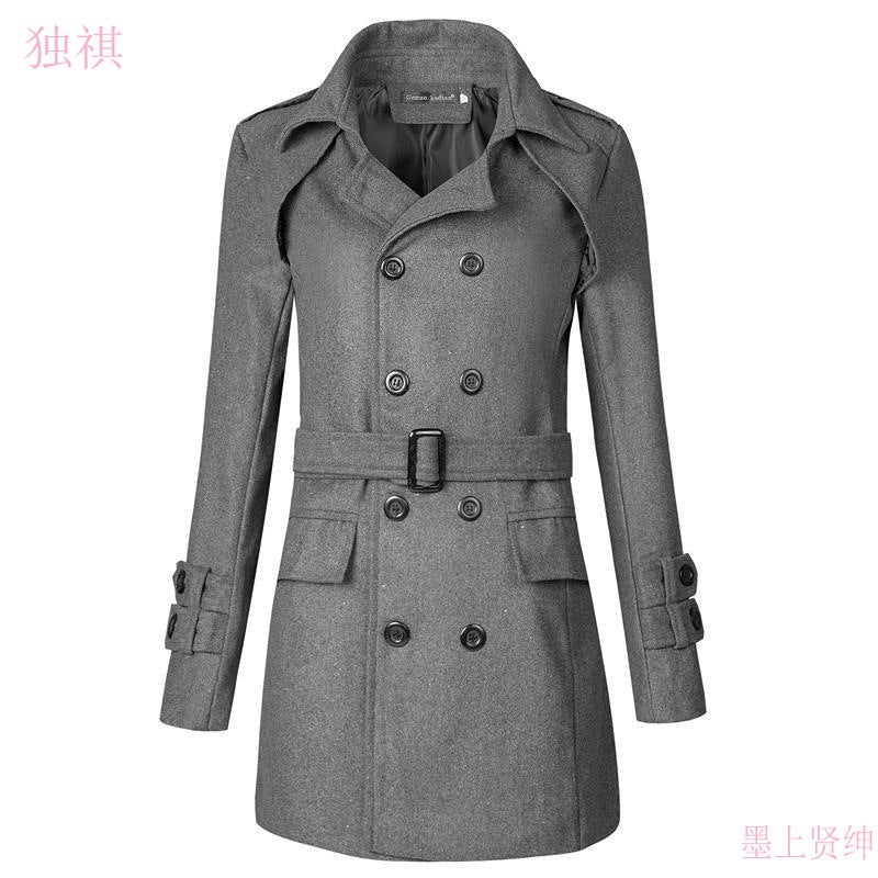 Gray Long British Style Overcoat with Belt for Men Black - Image 3