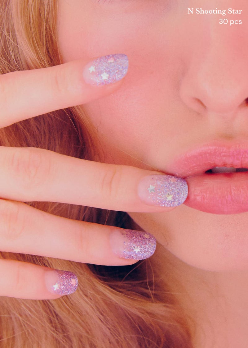 ohora Semi Cured Gel Nail Strips (N Shooting Star) - Purple, Glitter, Works with Any UV/LED Lamps, Salon-Quality, Long Lasting, Easy to Apply & Remove - Includes 2 Prep Pads, Nail File & Wooden Stick - Image 4