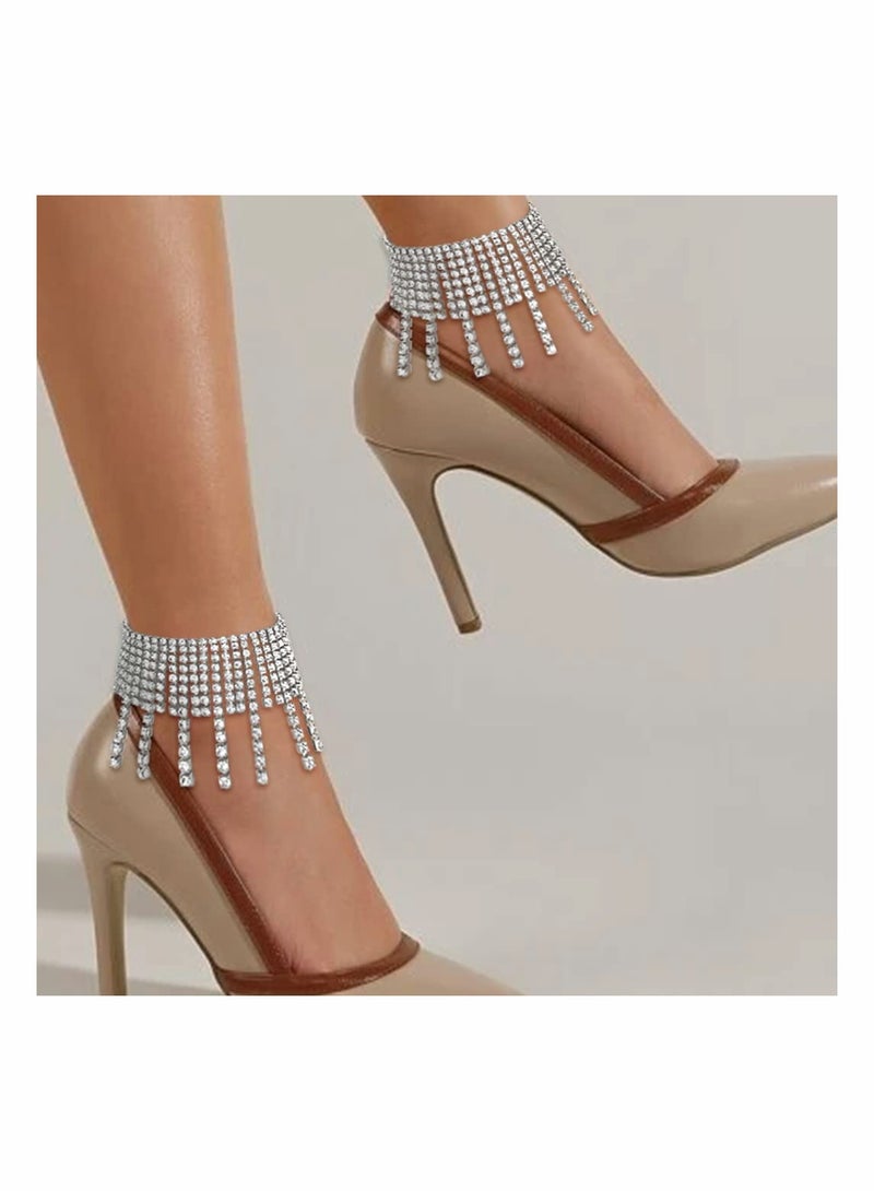 Boho Tassel Ankle Bracelets with Crystals and Rhinestones - Glittering Tennis Foot Chains for Weddings and Special Occasions - 2PCS Body Jewelry Accessories for Women and Girls. - Image 3