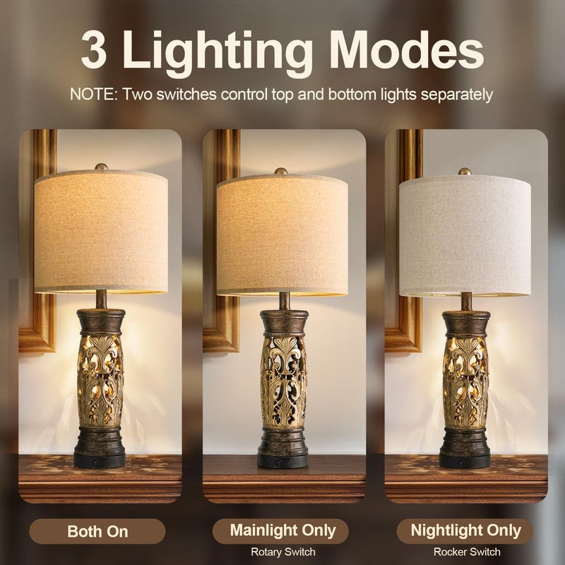 BOBOMOMO 27.25â€ Antique Gold Table Lamps Set of 2 â€“ Farmhouse Bedside Lamps with Night Light & USB A+C Ports, Vintage Lamps for Bedroom, Living Room, Entryway, Nursery, Reading Nook(Bulbs Included - Image 3