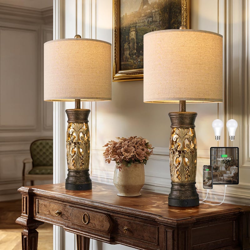 BOBOMOMO 27.25â€ Antique Gold Table Lamps Set of 2 â€“ Farmhouse Bedside Lamps with Night Light & USB A+C Ports, Vintage Lamps for Bedroom, Living Room, Entryway, Nursery, Reading Nook(Bulbs Included - Image 1