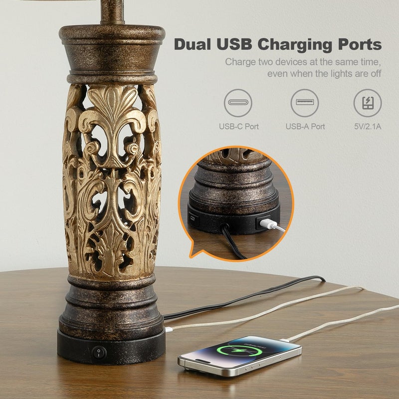 BOBOMOMO 27.25â€ Antique Gold Table Lamps Set of 2 â€“ Farmhouse Bedside Lamps with Night Light & USB A+C Ports, Vintage Lamps for Bedroom, Living Room, Entryway, Nursery, Reading Nook(Bulbs Included - Image 4