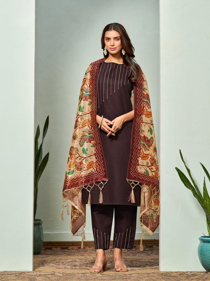 EthnicJunction Women's Thread Work Cotton Blend Regular Kurta and Pant with Dupatta Set, Brown, Medium - Image 3