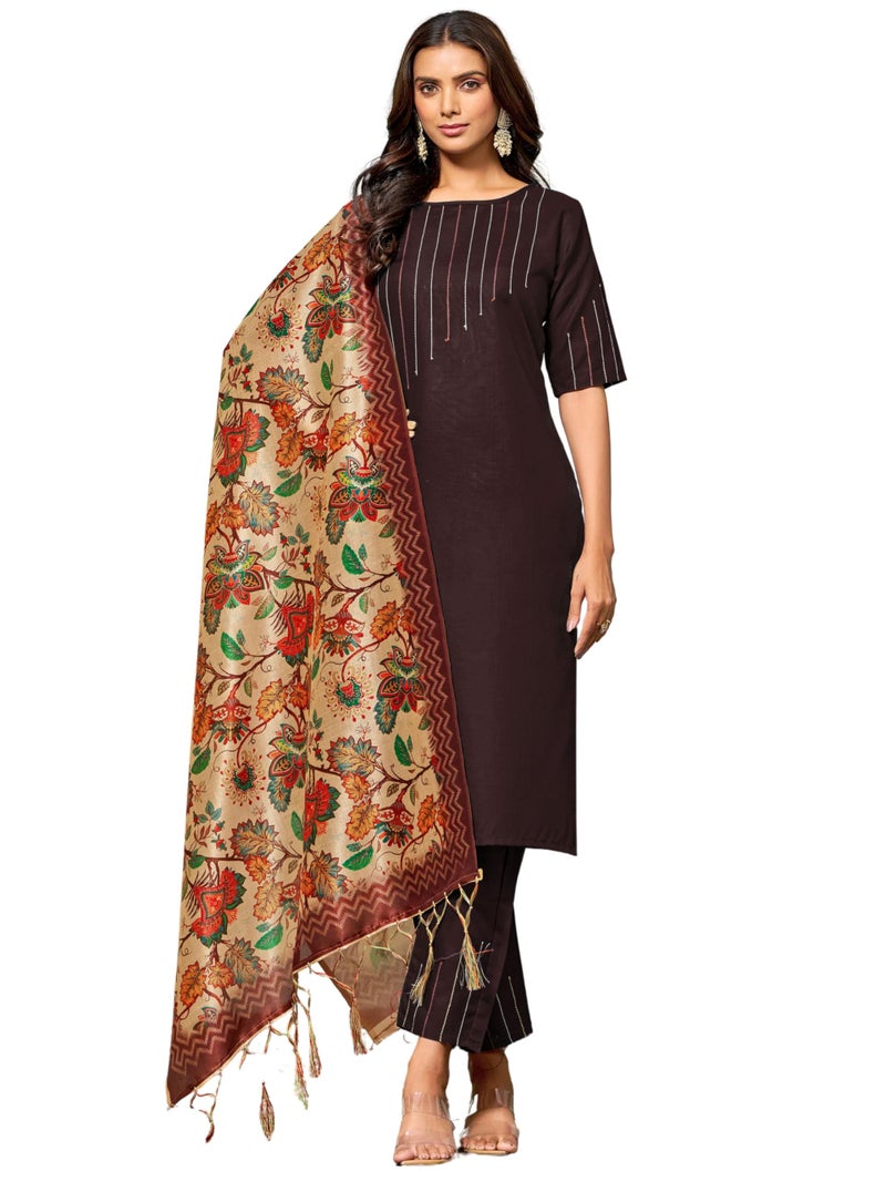 EthnicJunction Women's Thread Work Cotton Blend Regular Kurta and Pant with Dupatta Set, Brown, Medium - Image 1