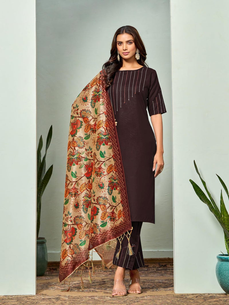 EthnicJunction Women's Thread Work Cotton Blend Regular Kurta and Pant with Dupatta Set, Brown, Medium - Image 5