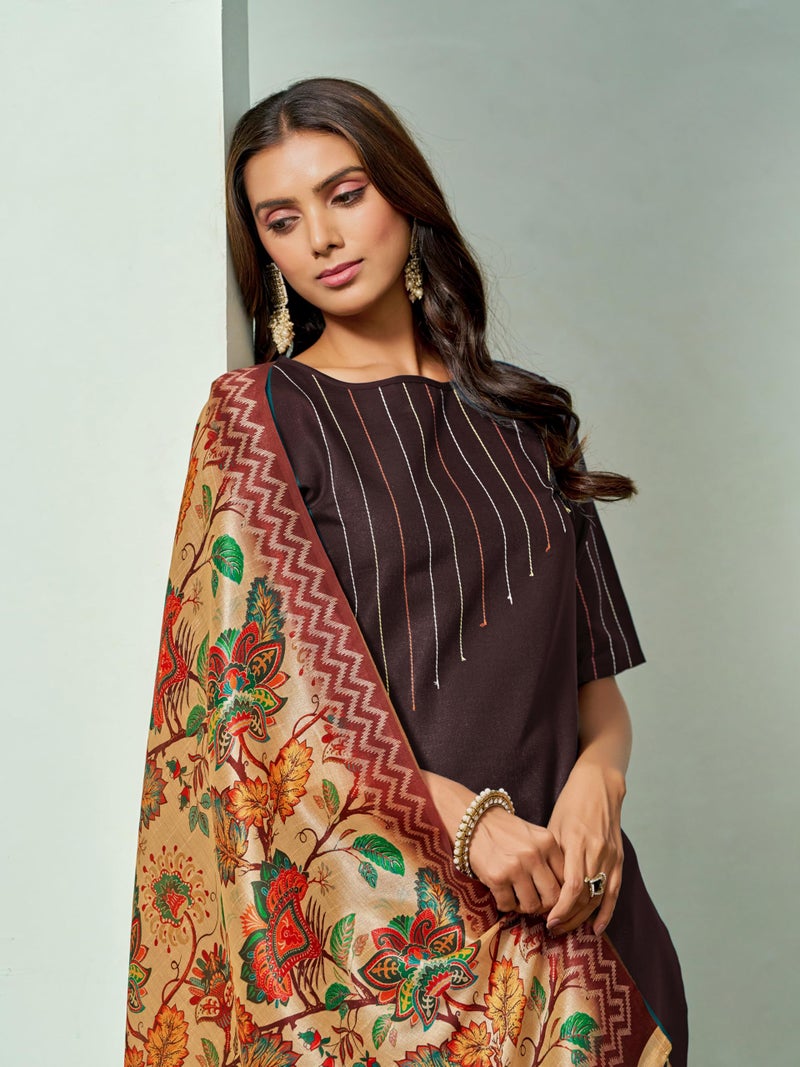 EthnicJunction Women's Thread Work Cotton Blend Regular Kurta and Pant with Dupatta Set, Brown, Medium - Image 2