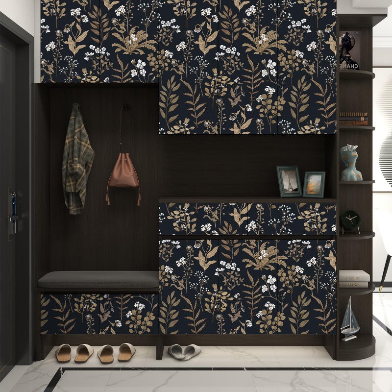 Abyssaly Black and Gold Wallpaper Dark Floral Peel and Stick Wallpaper Vintage Leaf Contact Paper Removable Self Adhesive Moody Botanical Vinyl Wrap for Bedroom Bathroom Shelf DIY Decor 17.3" x 118" - Image 3