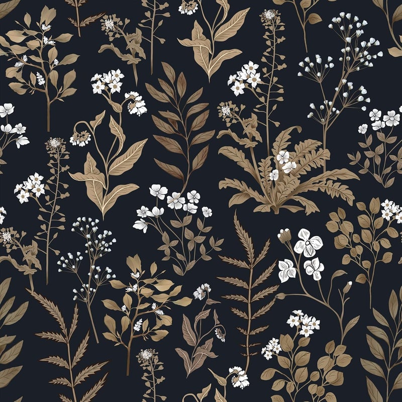 Abyssaly Black and Gold Wallpaper Dark Floral Peel and Stick Wallpaper Vintage Leaf Contact Paper Removable Self Adhesive Moody Botanical Vinyl Wrap for Bedroom Bathroom Shelf DIY Decor 17.3" x 118" - Image 1